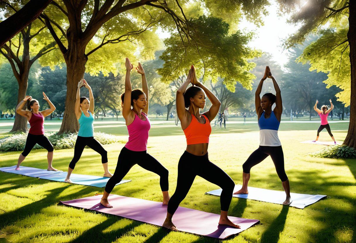 A dynamic scene depicting diverse individuals engaged in various fitness activities, such as group yoga, weightlifting, and running together in a park. Include vibrant energy and expressions of joy and determination on their faces. Show a backdrop of motivational banners and a sunlit environment to enhance community spirit. Elements of teamwork and support should be evident. super-realistic. vibrant colors. outdoor setting.