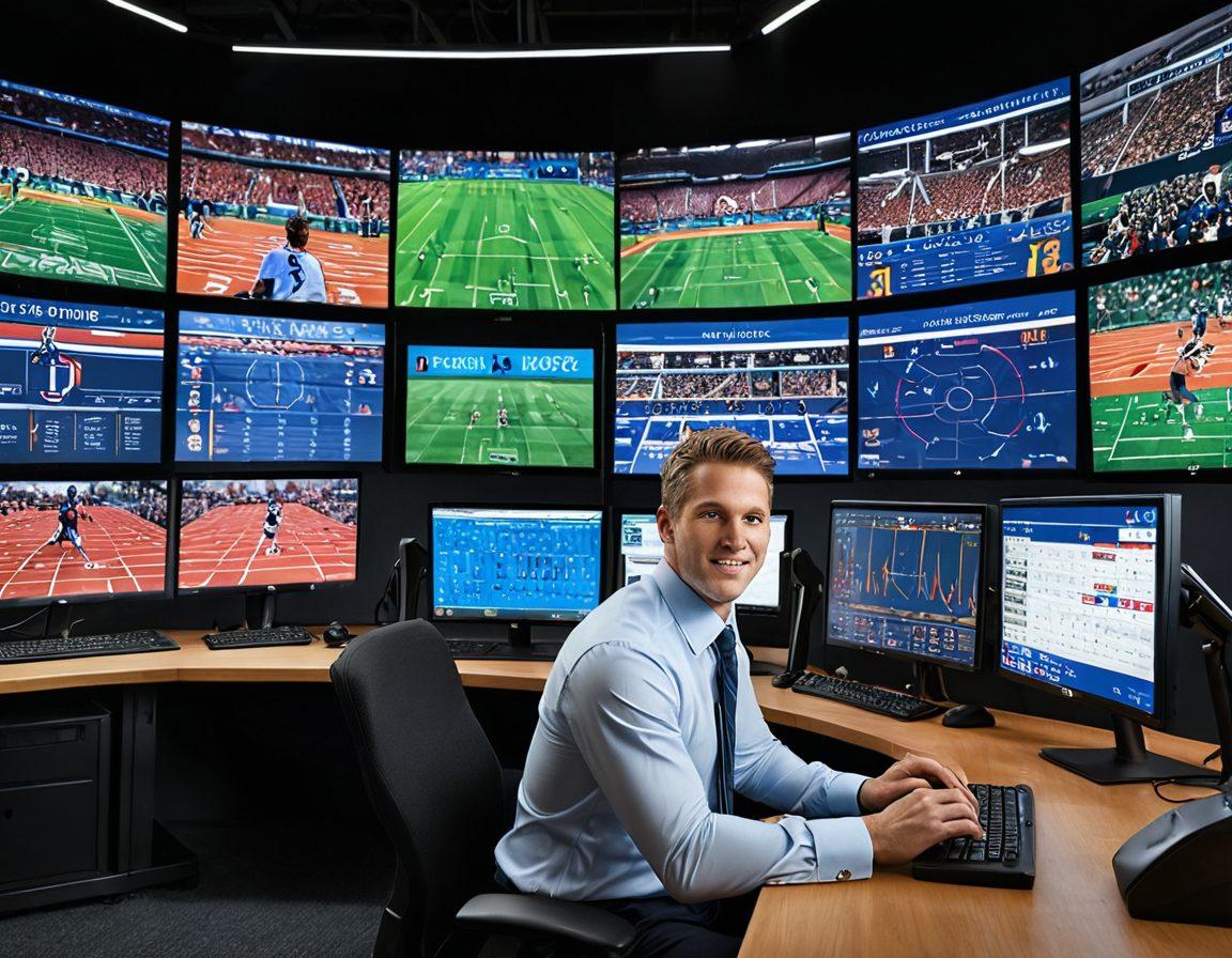 A dynamic scene showcasing a sports analyst in an ergonomic office, surrounded by advanced technology and large screens displaying colorful graphs and statistics of various sports. The background features a vibrant sports stadium filled with cheering fans, effectively conveying excitement and performance analysis. Infuse the image with bright colors and energetic vibes to capture the essence of sports analytics. super-realistic. vibrant colors.