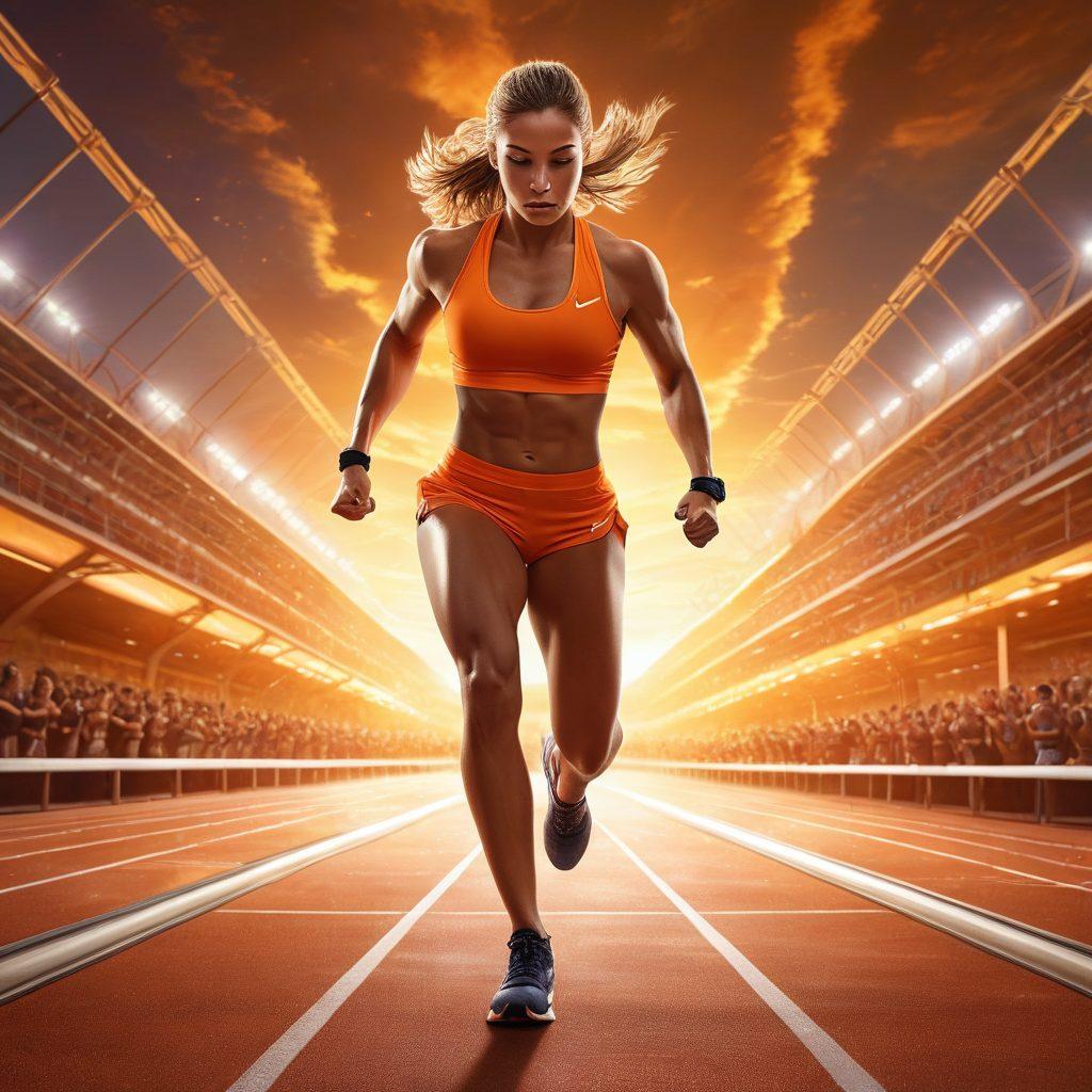 An inspiring scene showcasing an athlete in mid-action, breaking through their limits, surrounded by fitness elements like weights, a running track, and a glowing energy aura. The background should feature a sunrise symbolizing new beginnings, with motivational quotes artistically integrated into the environment. The focus should be on determination and empowerment. super-realistic. vibrant colors. dynamic composition.